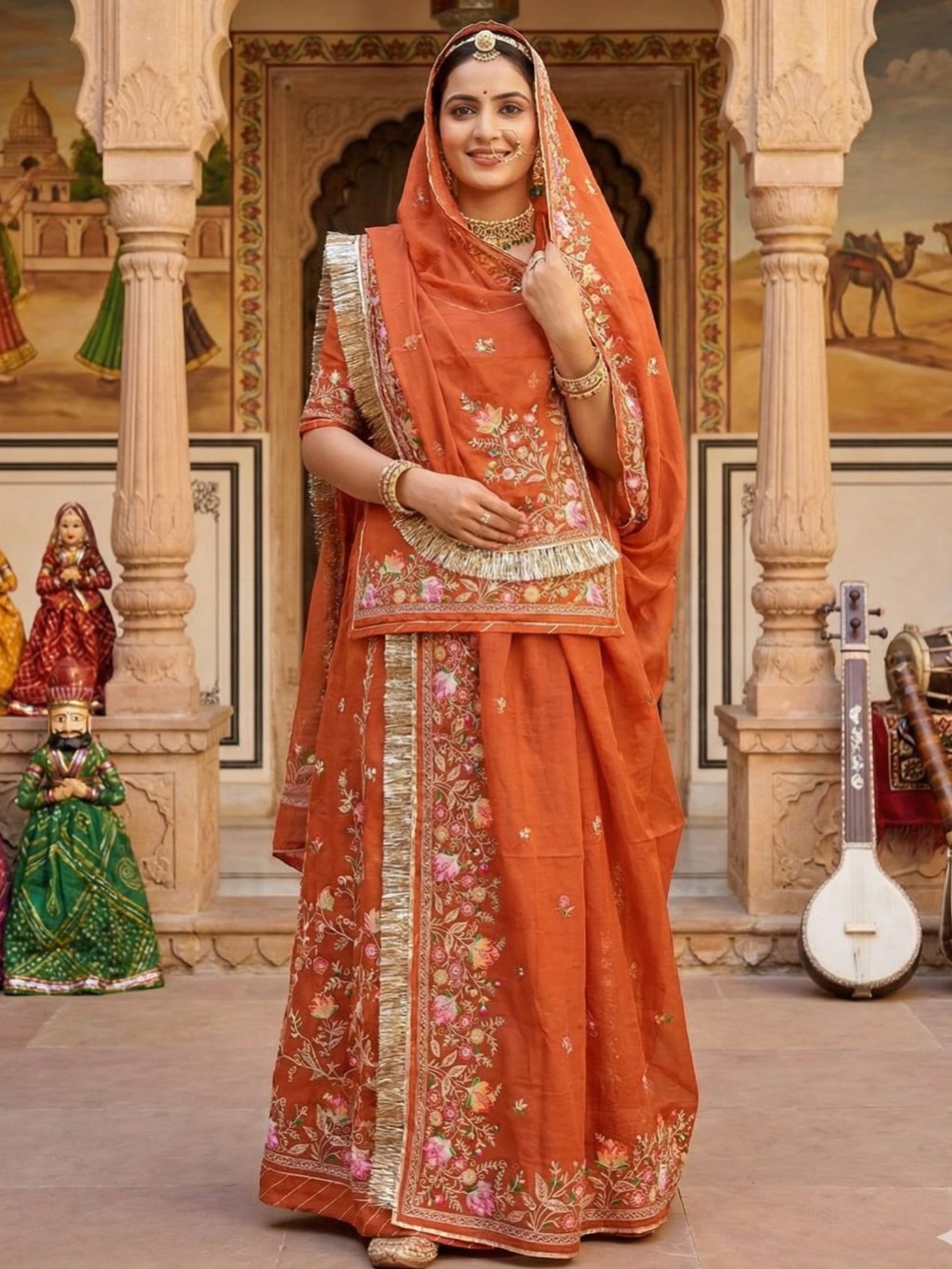 A collection of traditional Indian ethnic outfits featuring colorful lehengas, sarees, and salwar suits worn by women in royal heritage locations and festive settings.